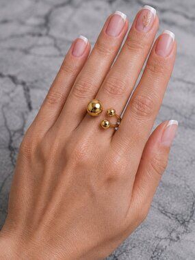 18K Gold Plated SS Triple Ball Sphere Open Ring Size 7 Adj Clean Girl Minimalist